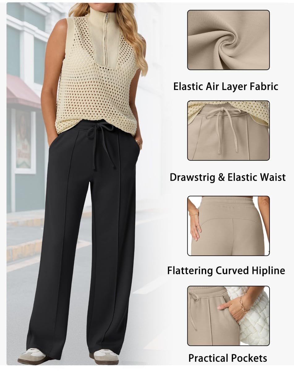PrinStory Pantaloni da donna elasticizzati, in vita elasticizzata, per il tempo libero, a gamba larga, pantaloni da yoga con tasche