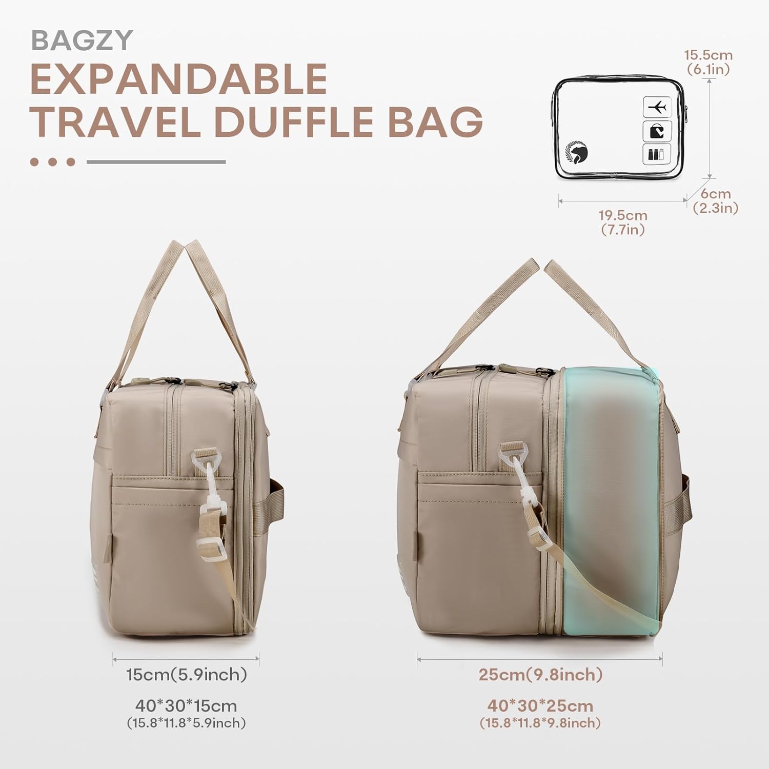 40x30x15cm Personal Item Travel Bag Expandable 40x30x25cm Gym Bag Lightweight Duffle Bag Mens Weekender Bags for Women with Wet Pocket for Overnight Hospital Carry on Bags for Airplanes Black - Image 3