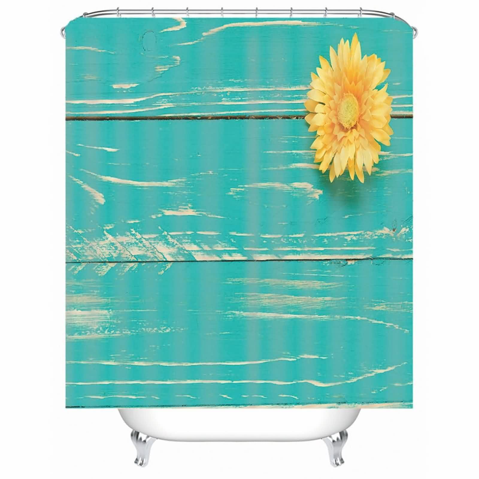 Rideau de douche bleu en tissu polyester anti-moisissure pour baignoire avec crochets