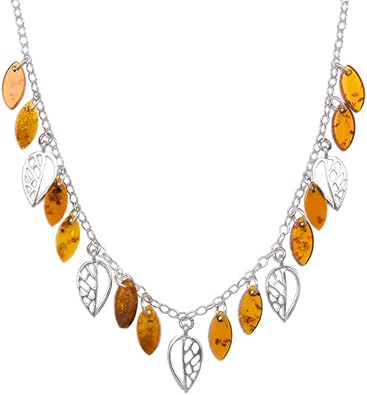AmberDesire Bunches of Amber Leaves Necklace, Sterling Silver, Baltic Amber, Cognac, 16 Inch, Handmade in Poland