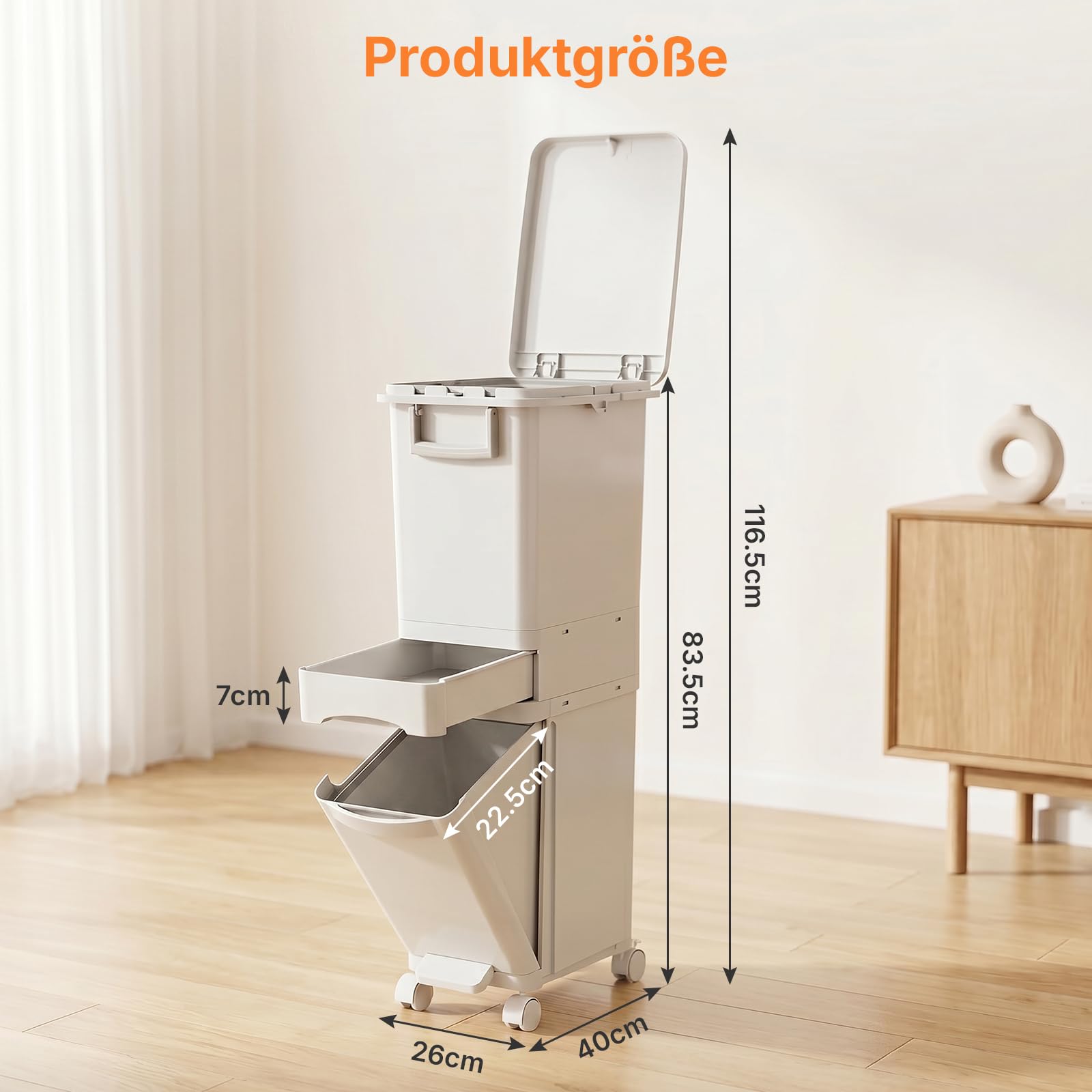 32 L Mülleimer Küche 3 Fächer, Abfalleimer mit Deckel & Pedal, Mülleimer auf Rädern, Mülltrennsystem mit Kippbehälter, Deckel, Schublade, Küchenabfalleimer für Küche & Wohnzimmer, Weiß