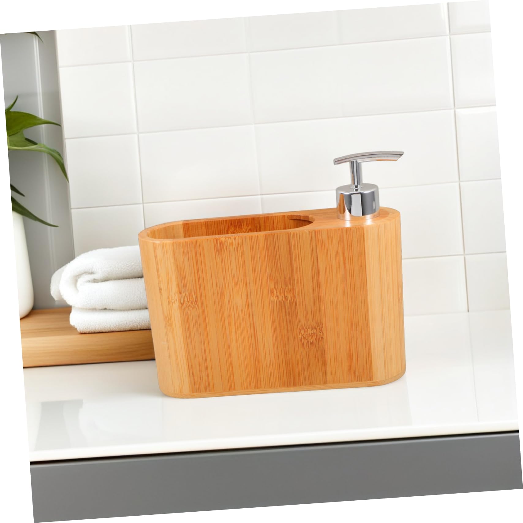 Dosificador de Jabón de Madera Ovalado para Baño y Cocina Dispensador Recargable de Champú y Acondicionador Soporte para Cepillo de Dientes y Peine y Elegante para Almacenamiento