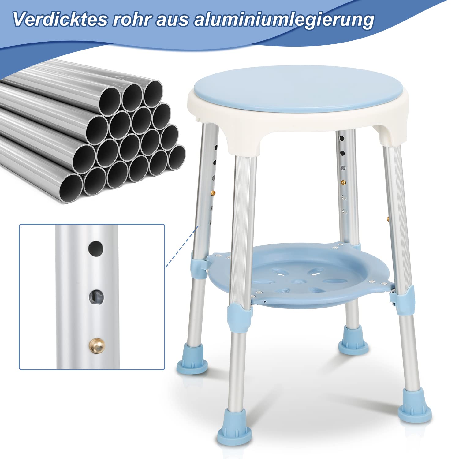 Daromigo Taboret prysznicowy obracany o 360°, 42-54 cm, z regulacją wysokości, stabilna pomoc pod prysznic, antypoślizgowa siedzisko prysznicowe, siedzisko łazienkowe dla seniorów, osób