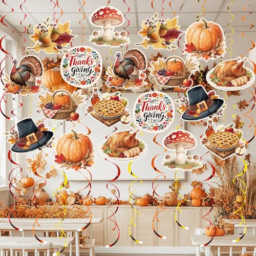 Image of Thanksgiving Hanging Swirl Set Party Decorations, 48 Pcs, Autumn Theme Pumpkin Maple Leaf Turkey Party Supplies Sign,Orange Brown Red