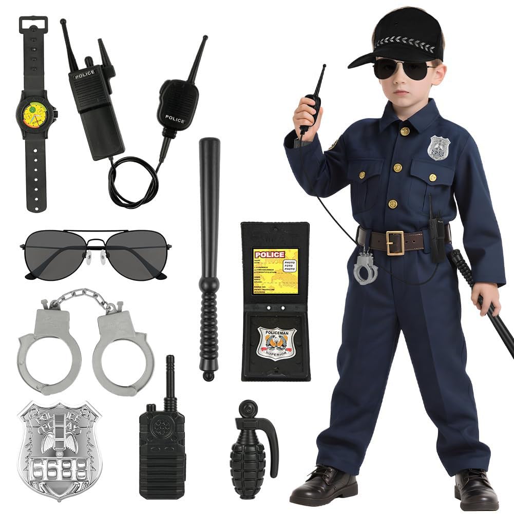 10-częściowy strój policjanta dla dzieci, akcesoria do kostiumu policyjnego zabawki policyjne dla dzieci do odgrywania ról, na Halloween i festiwal cosplay