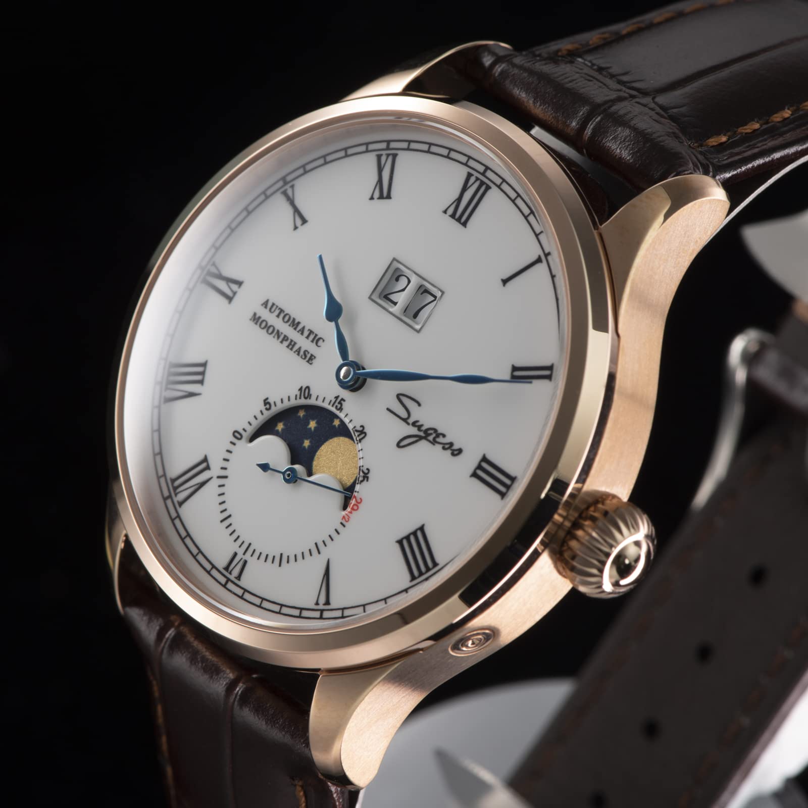 SUGESS Seagull ST2528 Automatik Mondphase Saphir Roségold 1963 BNIB, (SSMP015)