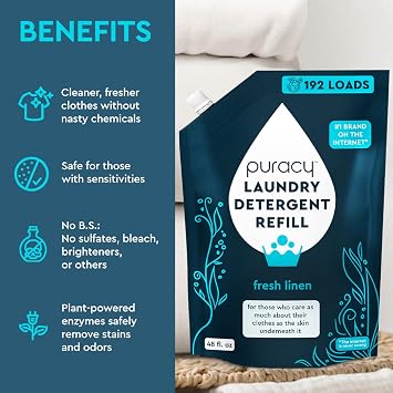 Puracy 12oz Stain Remover Laundry Stain Remover Spray for Clothes, Enzyme-powered Natural Liquid Laundry Detergent 48oz Refill Free & Clear 12oz & Fresh Linen 48oz Bundle