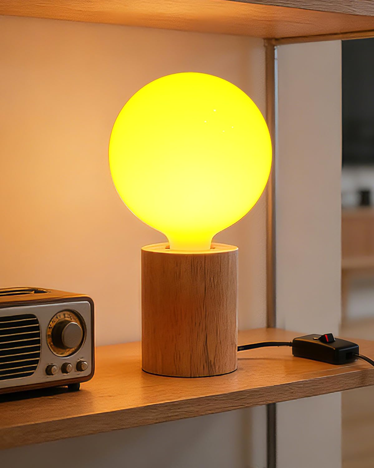 Lamptobe Wood Bedside Table Lamp with Opal White Glass E27 Globe LED Bulbs, 1800K Warm Yellow, 360° Beam Angle, On-Off Switch, Non-Dimmable, 7W Globe E27 LED Lamp for Bedroom, Living Room, Office