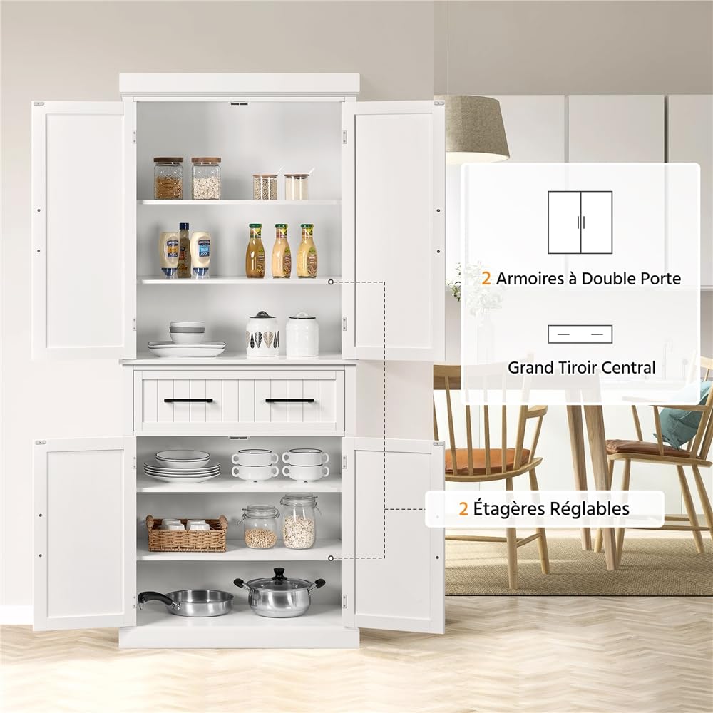 Yaheetech Buffet Haut Cuisine, Meuble de Cuisine avec 6 Étagères Réglables et 2 Tiroirs, Armoire de Rangement Polyvalente, Armoire Vestiaire pour Salon Chambre Bureau 76,5 x 40,5 x 183 cm Blanc
