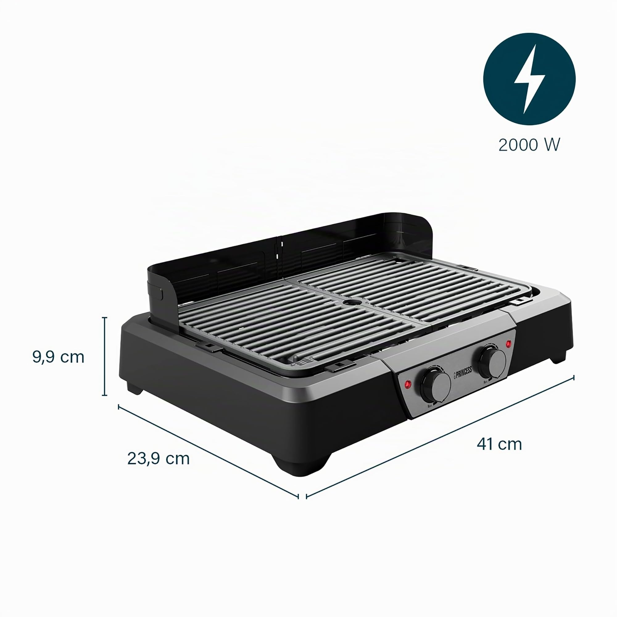Princess Barbacoa eléctrica y parrilla de mesa - 43x27 cm - Termostato ajustable - 2 zonas de calentamiento - Revestimiento antiadherente - 2000 W - 01.112254.01.001