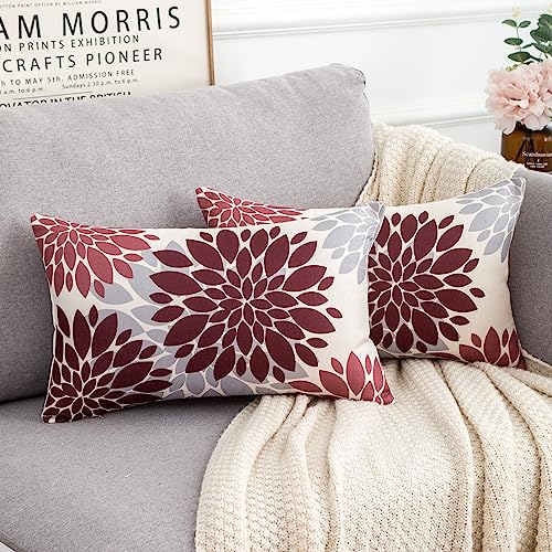 Rouge et Gris Housse de Coussin 30x50 Housses de Coussin de Canapé Décoratif Moderne Dahlia Motif Géométrique Lin Taie d'oreiller D'été pour Canapé Banc...