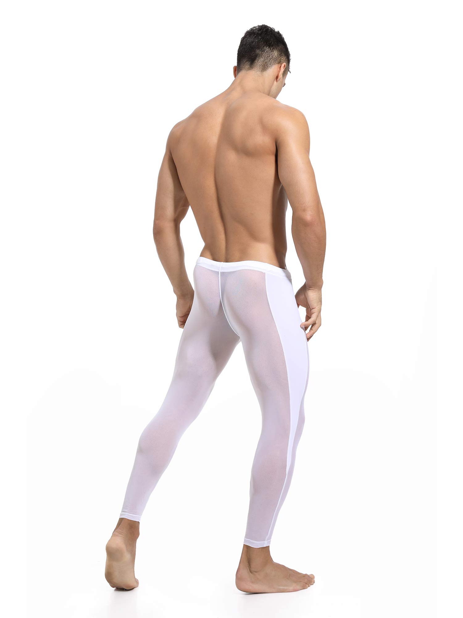 Mufeng Mens Gym Running Leggings See-Through Thermal Sport Tights Compression Pants Drawstring Side Patchwork Trousers White Large