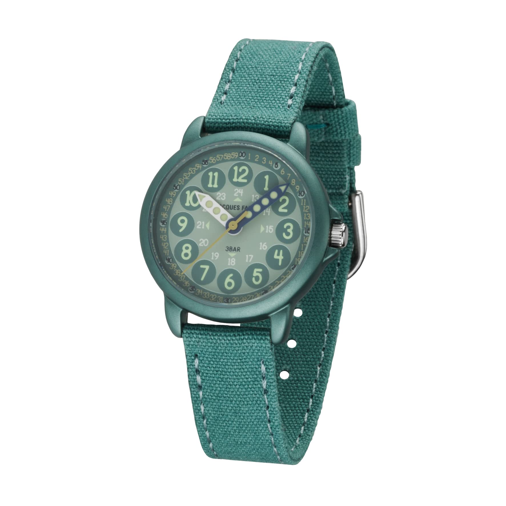 Jacques FAREL Lernuhr Öko Kinderuhr Jungen Armbanduhr Analog Quarz mit Textilarmband aus Bio-Baumwolle Jade-Blau Türkis Nachhaltig ORGT 1114