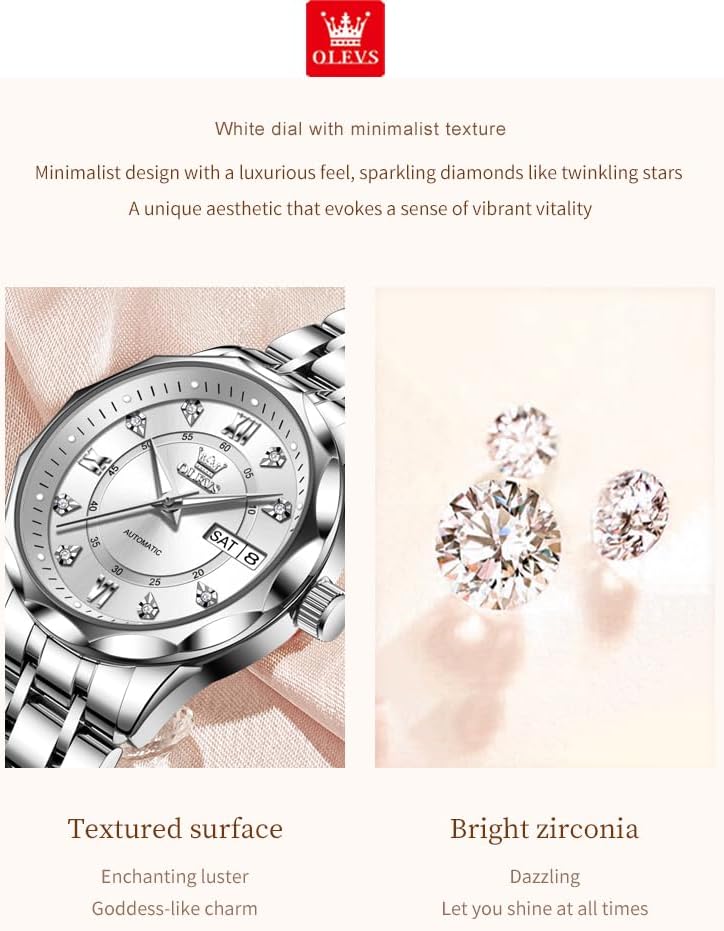 OUPINKE Women's Automatic Mechanical Watch Diamond Dial Casual Dress Watch Self Winding Day Date Waterproof Stainless Steel Band