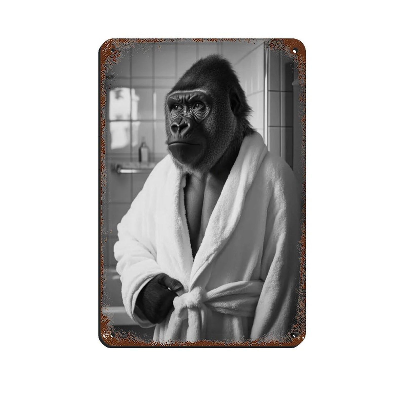 Gorilla in A Bathrobe, Funny Bathroom Art Retro Poster Metal Tin Sign Chic Art Retro Iron Painting Bar People Cave Cafe Family Garage Poster Wall Decoration 8x12inch(20x30cm)