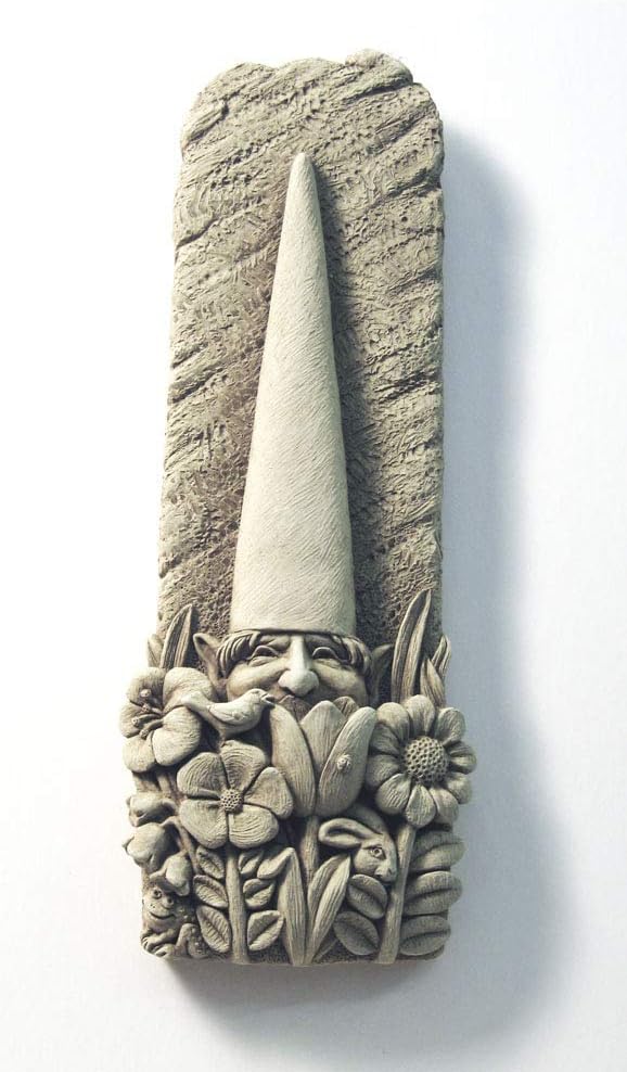 Carruth Studio, Gnome in The Flower Bed Wall Plaque, Garden Statue, Original Sculpture Handcrafted in Stone, Artisan Made