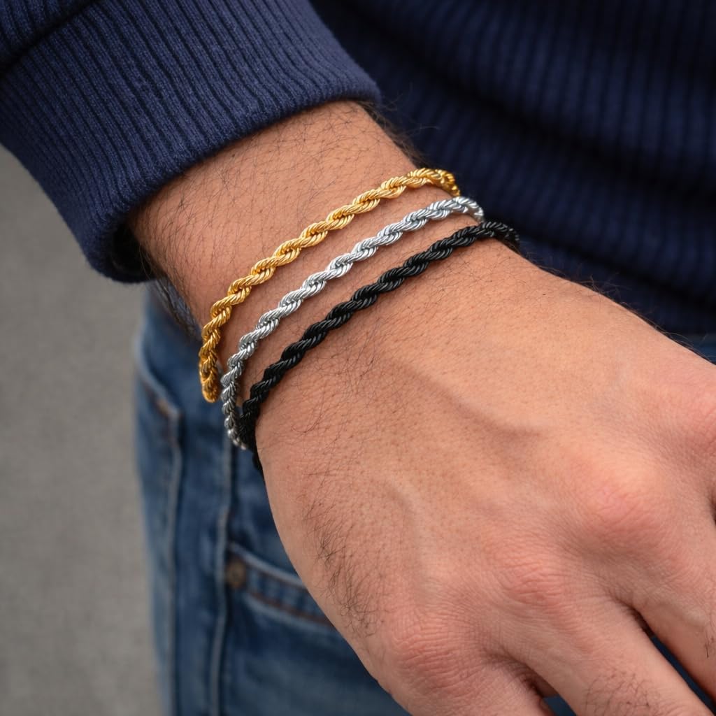 3PCS Stainless Steel Bracelets for Men Gold, Silver, Black Bracelet Twisted Cable Mens Luxury Jewelry Bracelets Gifts