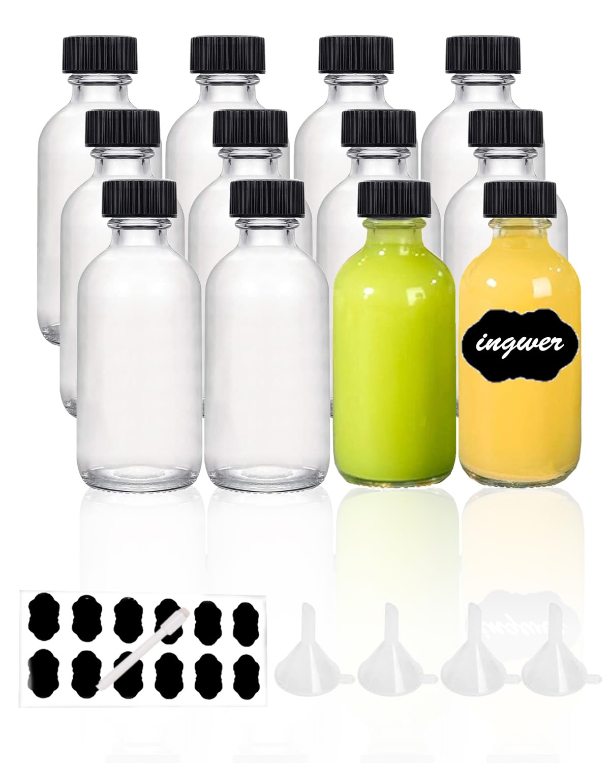 YBCPACK 12 bottiglie piccole da riempire, 120 ml, mini shot, in vetro con imbuto, etichette e penna, perfette per zenzero, liquori e altre bevande