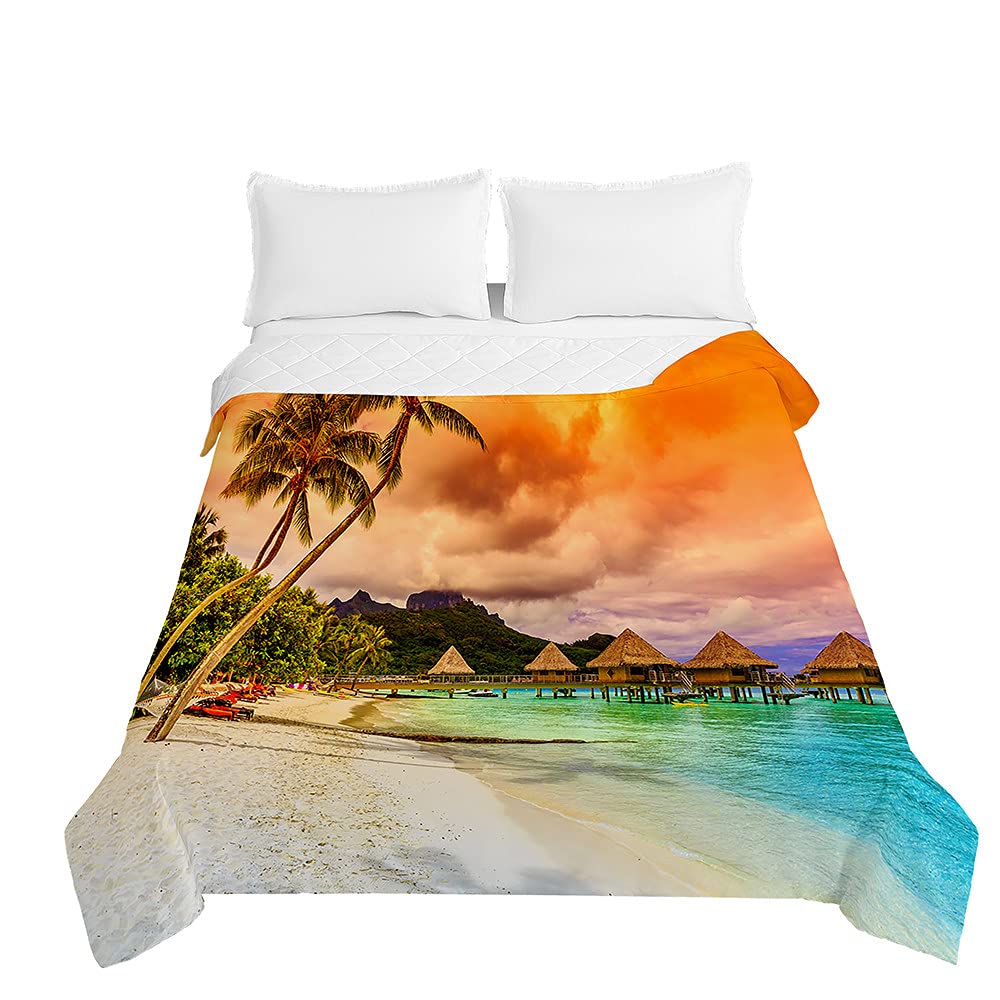 Surwin Embossed Quilted Bedspreads Single Double Super King Bed Size, Bedspread Quilt 3D Seaside Sunset Lightweight Coverlet Microfiber Comforter Sofa Throws Blanket (Fire cloud,100x150cm)