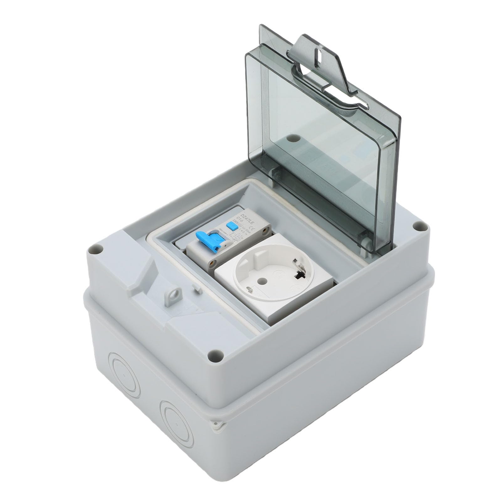 Eujgoov Caja de Distribución de Energía de Pared Montada en Superficie, 16A 1P+N Toma de Disyuntor IP65 Caja a Prueba de Agua, con Cubierta Transparente para Uso en Exteriores Sótanos