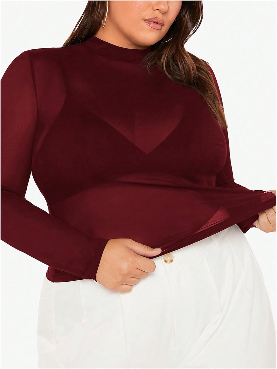 COZYEASE Women's Plus Size Sheer Mesh Tops Mock Neck Long Sleeve Tee Tops Trendy Slim Fit Clubwear - Image 5