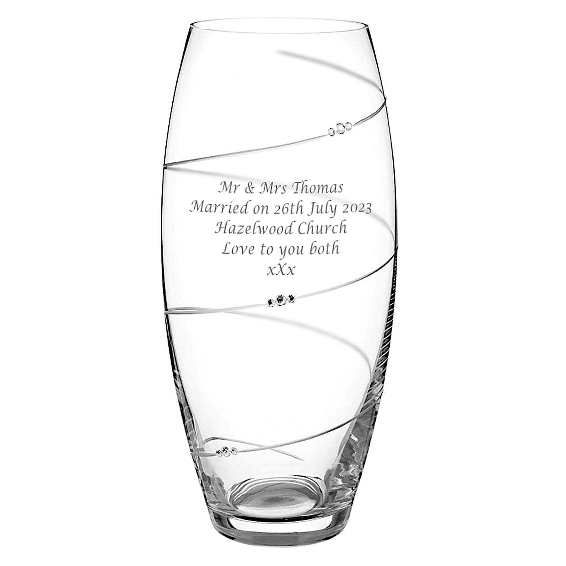 Forever Crystal Clear Diamante Glass Vase, 30Cm Tall, Barrel Shape, Single Spiral Cut Design, Hand-Finished With 3 Clusters Of Crystals, Engraved With Your Own Custom Text, Gift Boxed