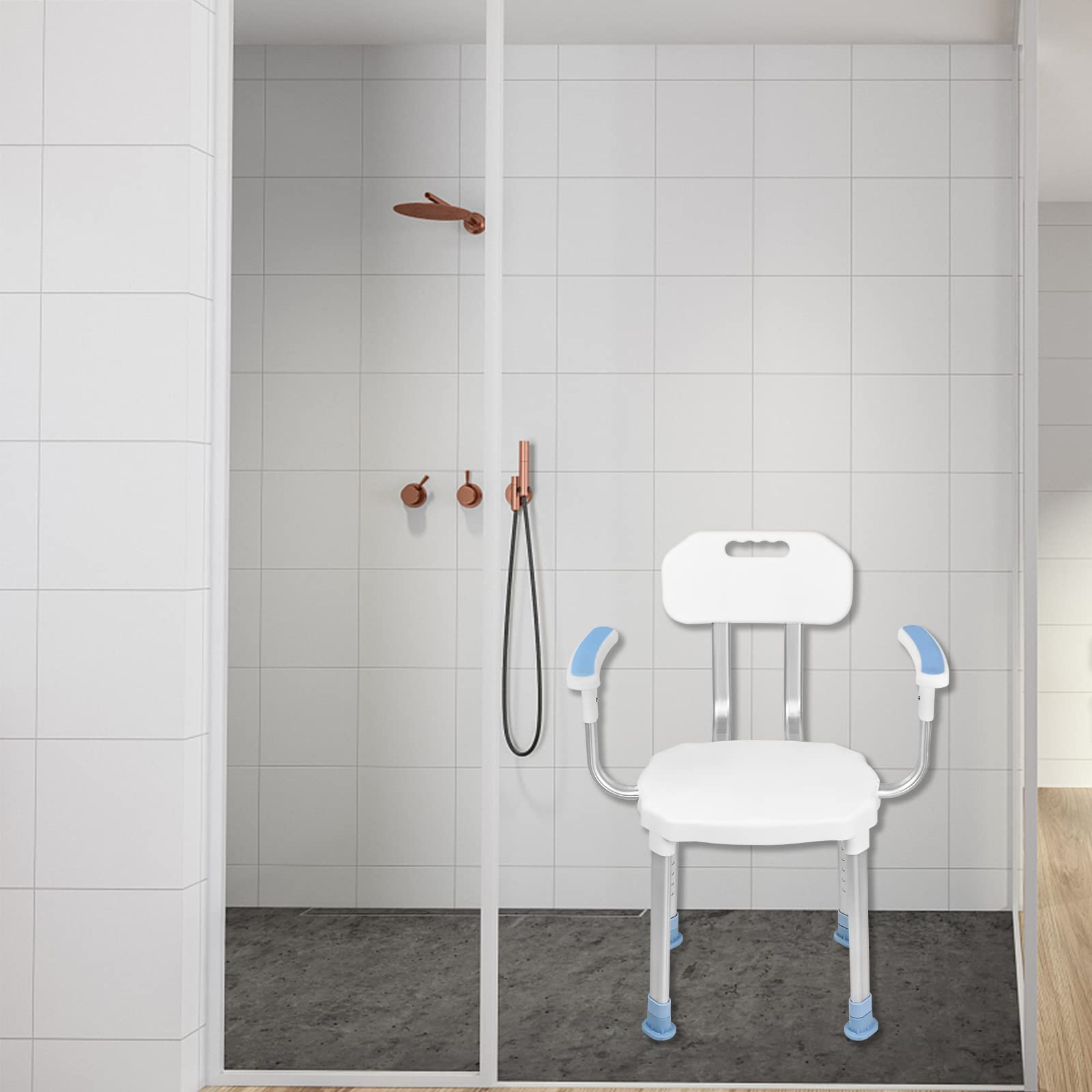 UISEBRT Sedia da doccia con bracciolo e schienale, sgabello da doccia regolabile in altezza, con piedini in gomma antiscivolo, sedile doccia fino a 150 kg