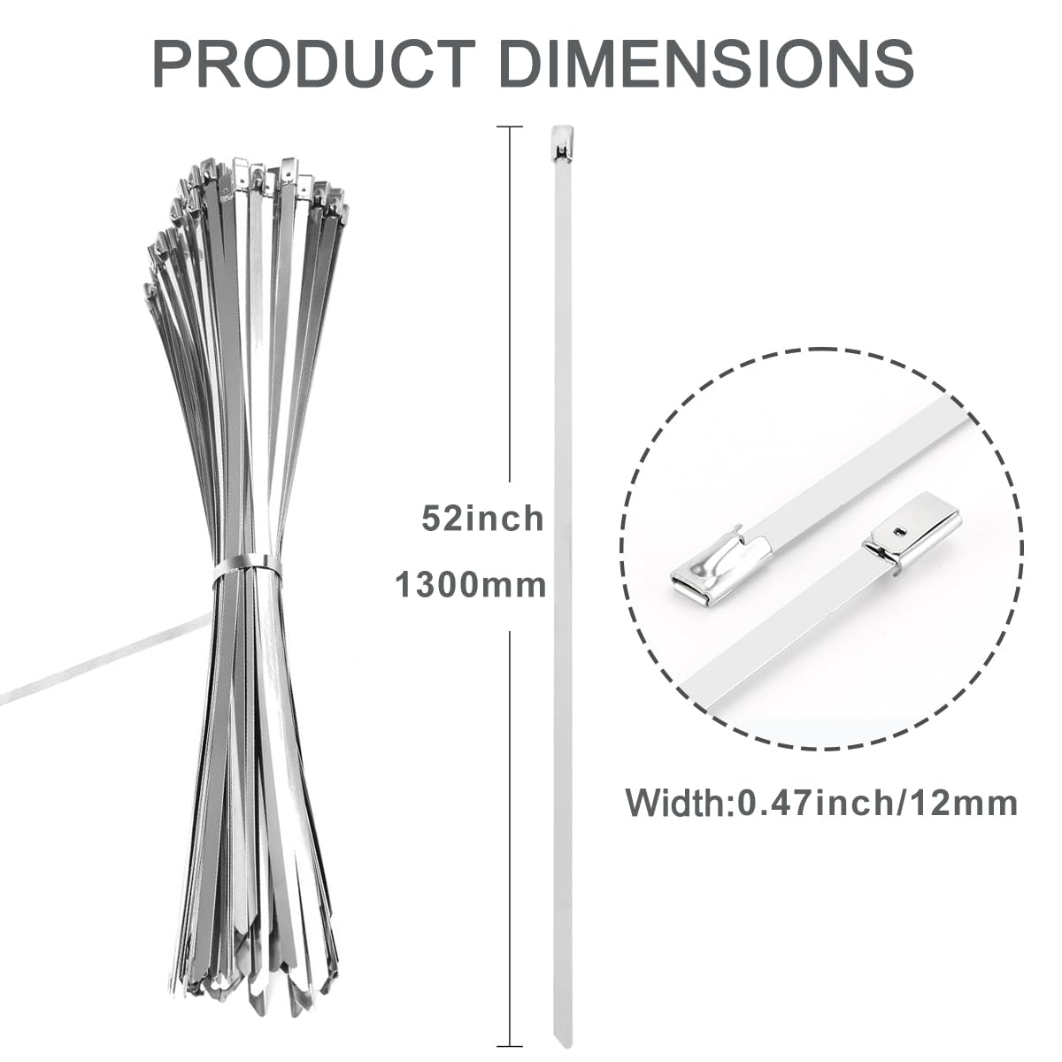 Aroono Heavy Duty Metal Zip Ties-52 inch, 304 Stainless Steel, Large Zip Ties, Supports up to 337 lbs-Ideal for Exhaust Wrap, Chain Link, Fence Parts, Wire Fence Rolls, Poultry Fence Outdoor (25PCS)