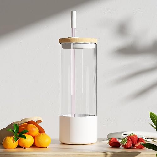 Miniatura 6 de Vasos de vidrio con tapas de bambú y popotes de vidrio, vasos con forma de lata de 24 onzas, vaso de agua reutilizable para café helado, regalo 1
