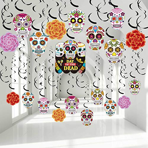 30 pcs Day of The Dead Foil Swirls Decorations Halloween Sugar Skull Flowers Ceiling Hanging Swirls Dia de Los Muertos Party Favors Supplies for Halloween Birthday Skull Mexican Party (Classic Style)