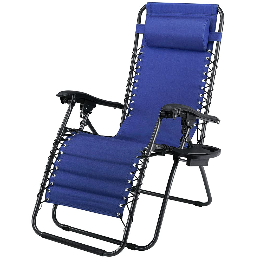 BAKAJI Chaise Longue Transat Jardin Plein Air, Transat de Plage Pliable, Bain de Soleil avec Repose-tête, d’accoudoirs Réglables, Chaise de Camping Gravité Zéro en Oxford (Bleu avec Plateau)