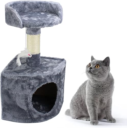 Árbol para gatos pequeños, postes rascadores de torre gris para gatos de interior, plataforma de salto de gato de dos pisos, cama para gatos,