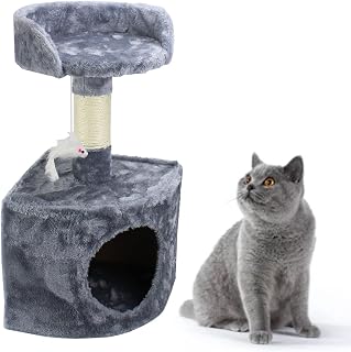Cat Tree for Small Cat, Grey Cute Cat Tower Scratching Posts for Indoor Cats Two Storey Cat Jumping Platform Cat Bed Toys Pet Play House