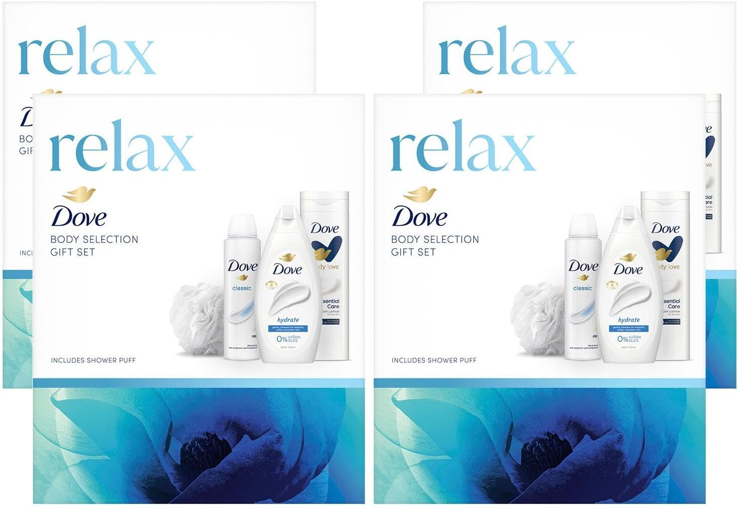 DoveRelax Body Selection Hydrate Bodywash 225ml, Essential Care Lotion 250ml and Classic Anti-perspirant 150ml 3 Pieces Gift Set for Her with Shower Puff,4pk