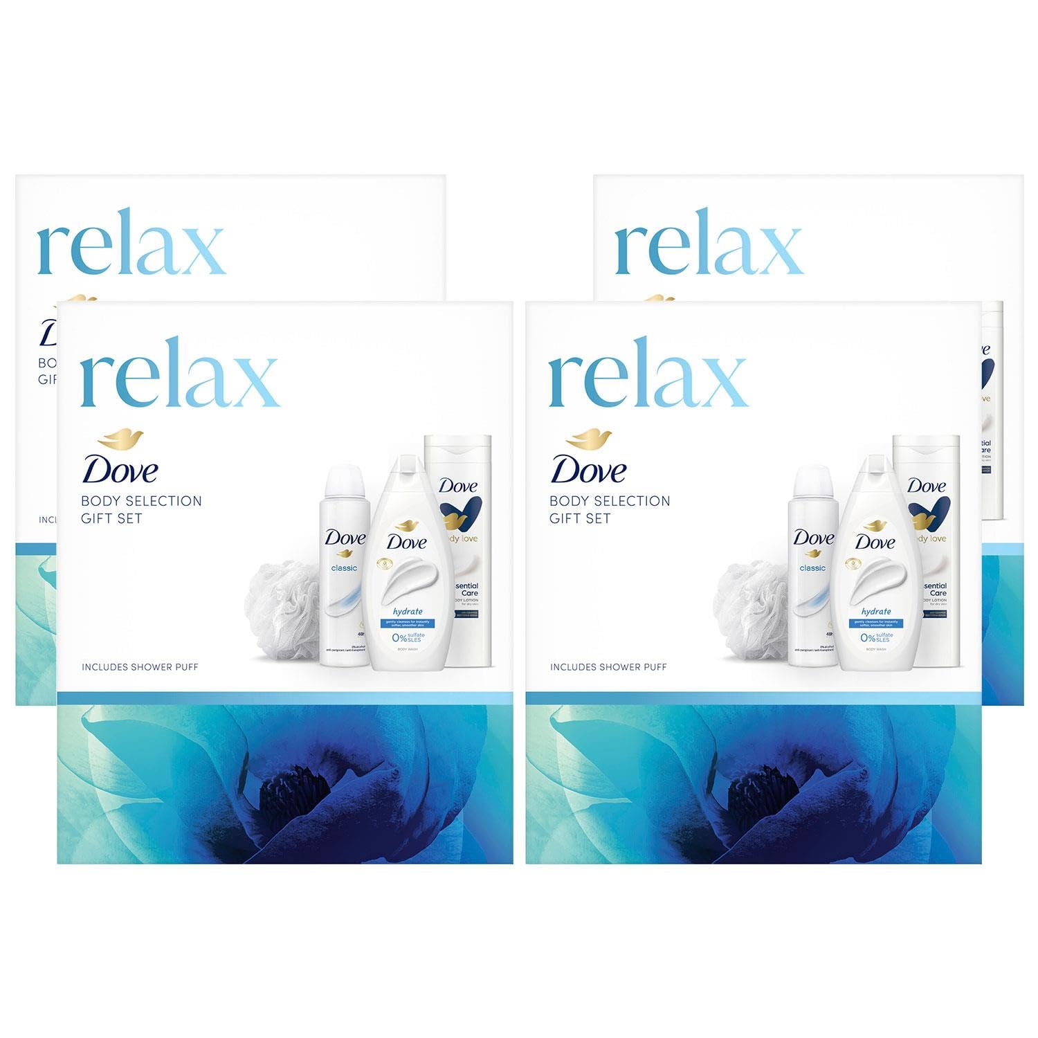 DoveRelax Body Selection Hydrate Bodywash 225ml, Essential Care Lotion 250ml and Classic Anti-perspirant 150ml 3 Pieces Gift Set for Her with Shower Puff,4pk