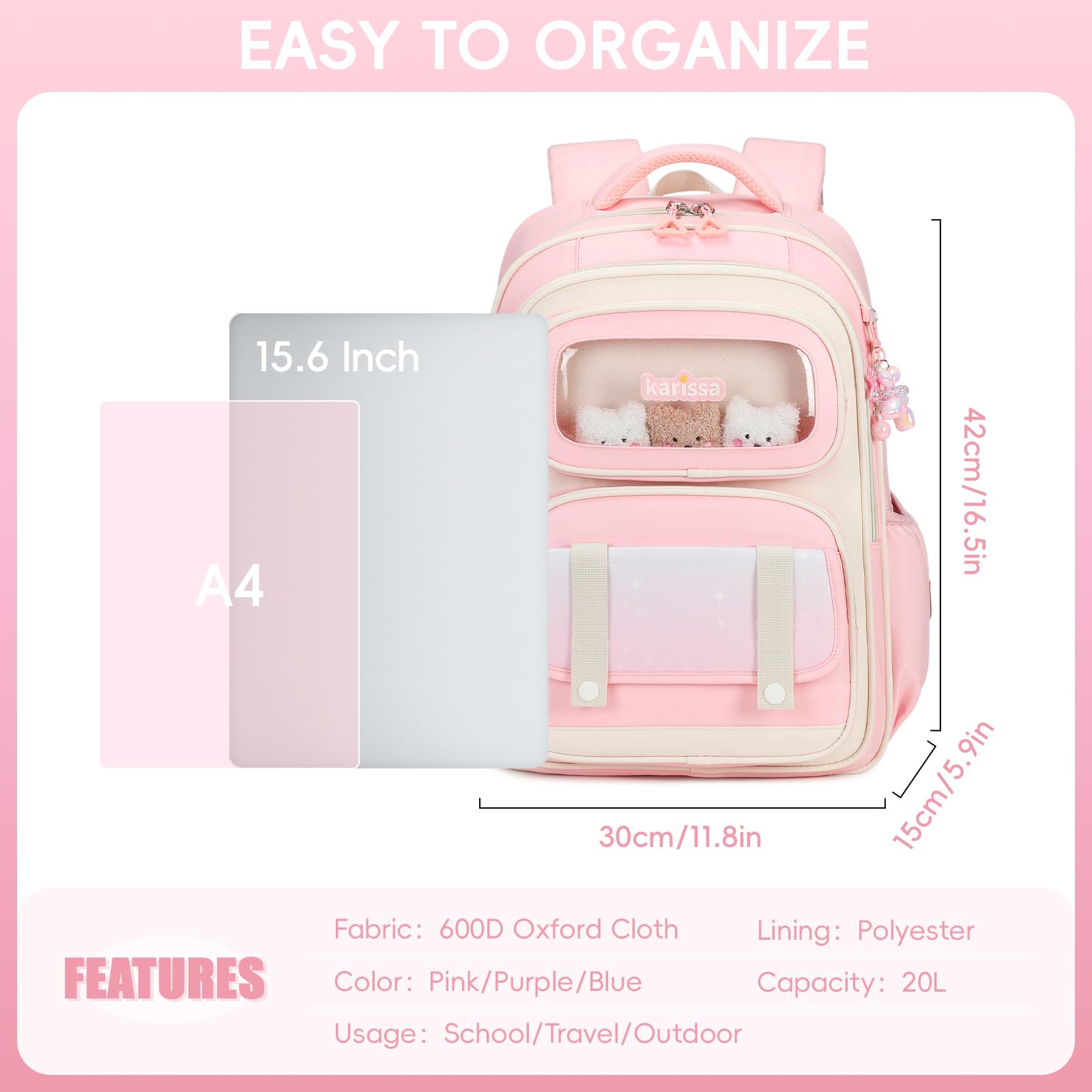 Tanou Cartable Primaire pour Filles, Sac à Dos Ergonomique pour Enfants du CP au CM2, Sac d'école Fille Primaire Décontracté avec Pendentif, 20 Litres, Rose