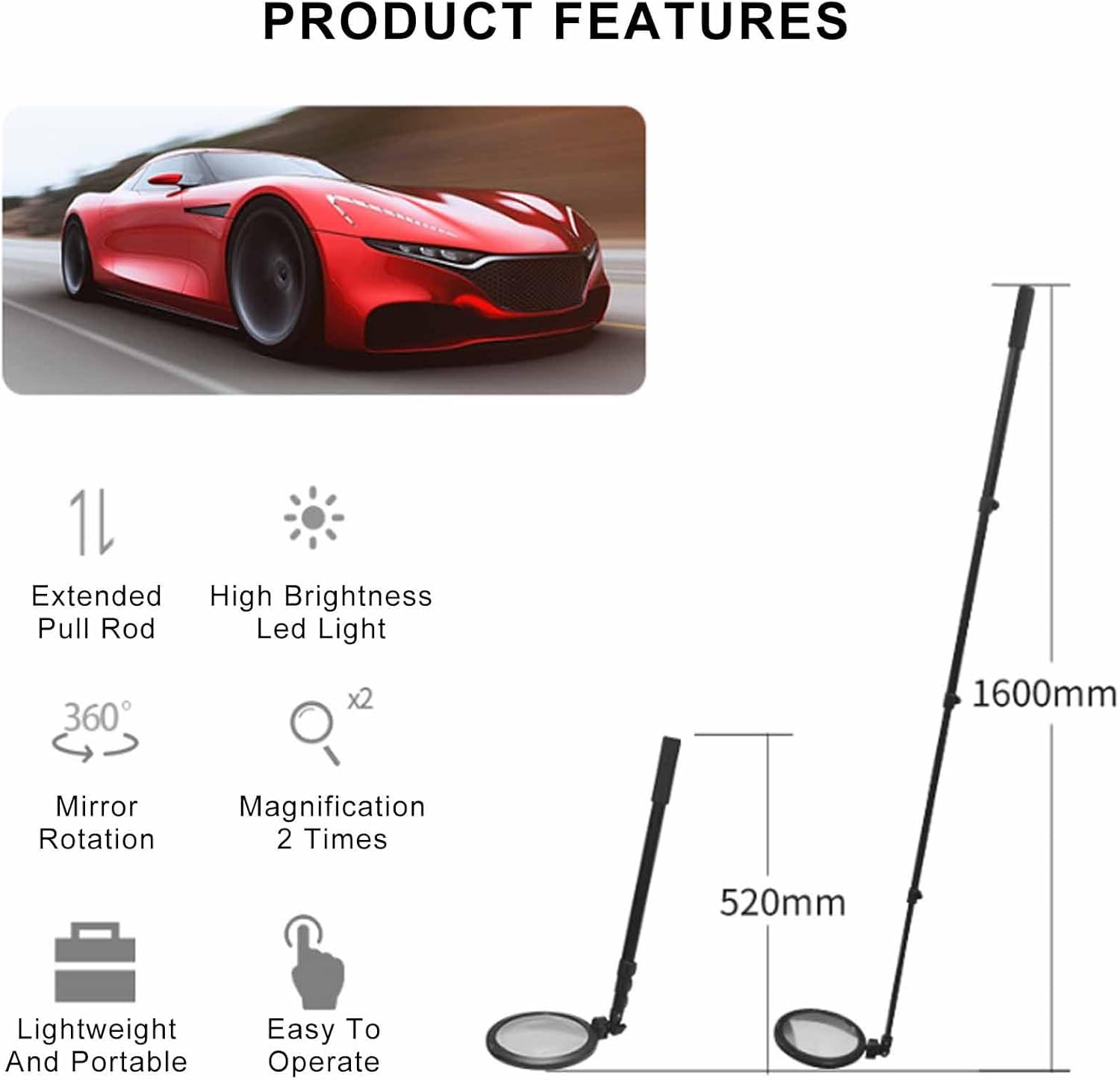 LED Telescopic Inspection Convex Mirror 6.3" 11.8" 15.7" Mirror Diameter,for Trucks, RV, Bus,2X Car Under Vehicle Search Round Mirror Adjustable Angle,A