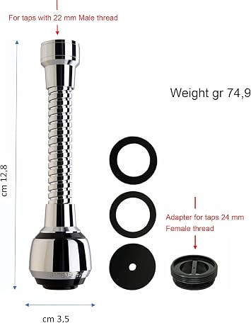 Siroflex 2510/S Milady Kitchen Faucet Aerator with Flexible Brass Hose Dual-Mode Stream/Spray, Splash-Free, Made in Italy (Black Chrome)