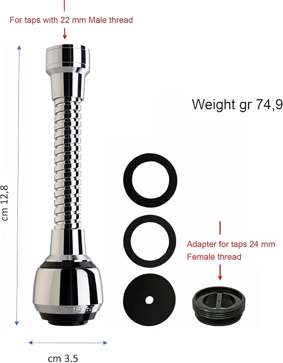 Siroflex 2510/S Milady Kitchen Faucet Aerator with Flexible Brass Hose Dual-Mode Stream/Spray, Splash-Free, Made in Italy (Black Chrome)