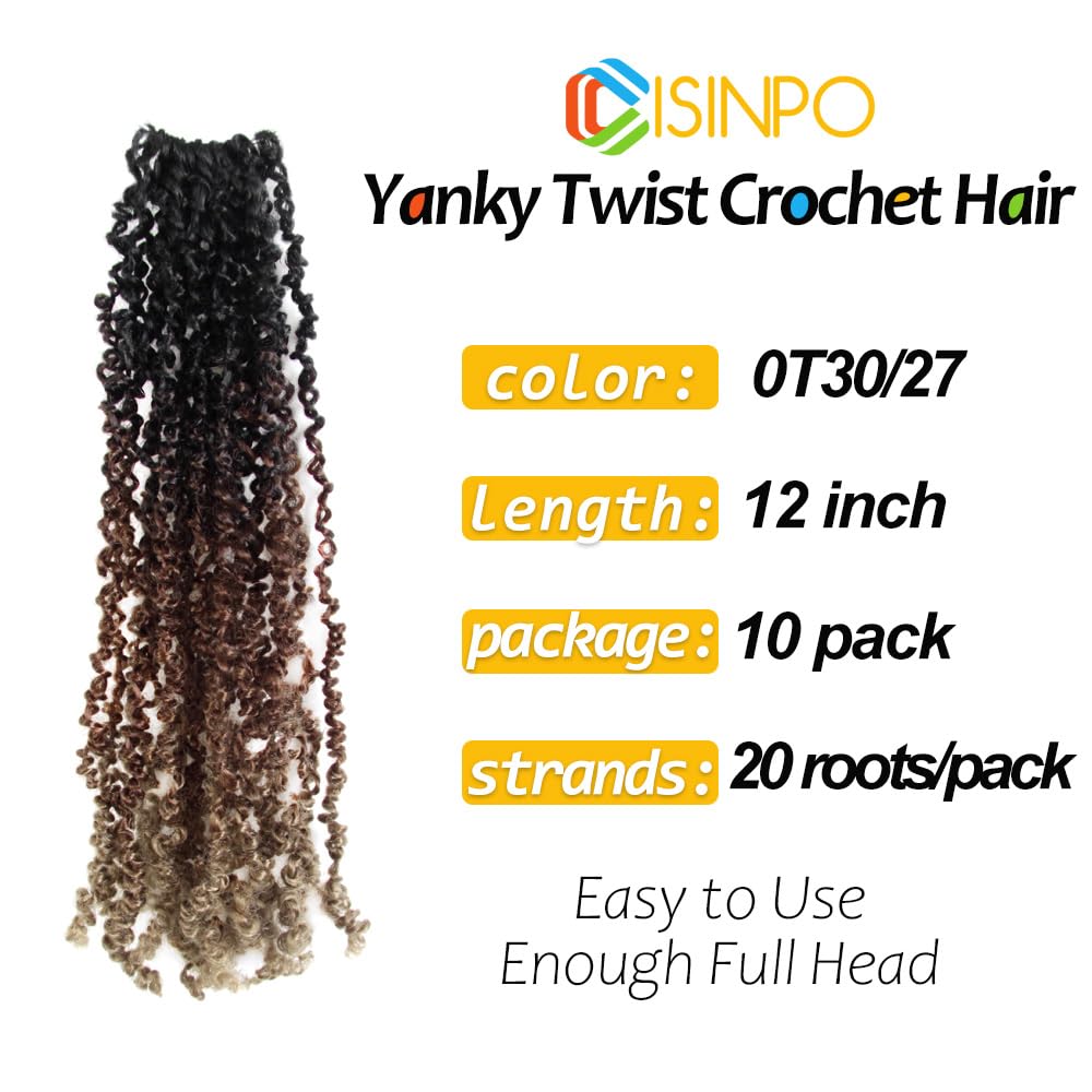 Yanky Twist Crochet Hair 12 Inch 10 Packs Pre-Twisted 3 Tones Ombre Brown Micro Spring Twist Boho Senegalese for Black Women(OT30/27, Total 200 Strands)