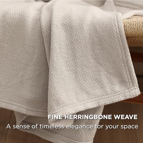 Bedsure GentleSoft 100% Cotton Blanket Queen Size for Bed - Breathable and Lightweight, Soft Cozy Textured Herringbone Woven Blanket for Summer, Linen Beige, 90x90 inches - Image 4