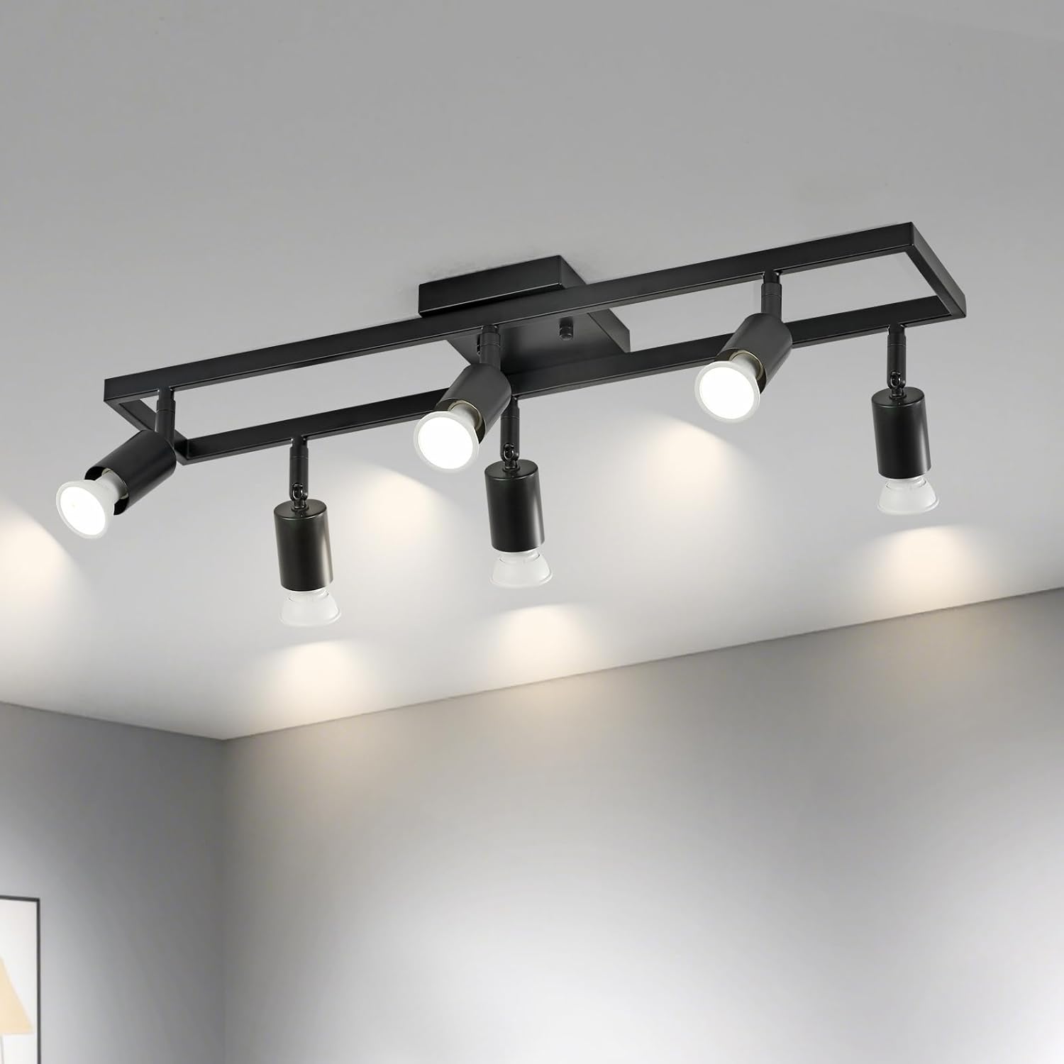 KEESFU Black 6-Light Track Light for Ceiling,Gu10 LED Ceiling Spotlight with Rotatable Light Heads,Modern Track Lighting for Kitchen Hallway Living Room. 6 light