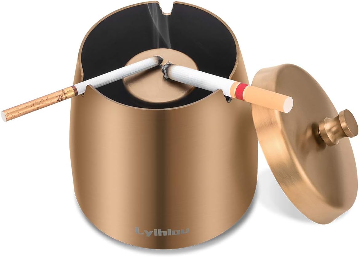 Stainless Steel Ashtray with Lid, Windproof Table Ashtray for Cigarettes, Modern Wind Ashtray Portable with Non-Slip Base for Outdoor and Indoor Use (Rose Gold, Small)