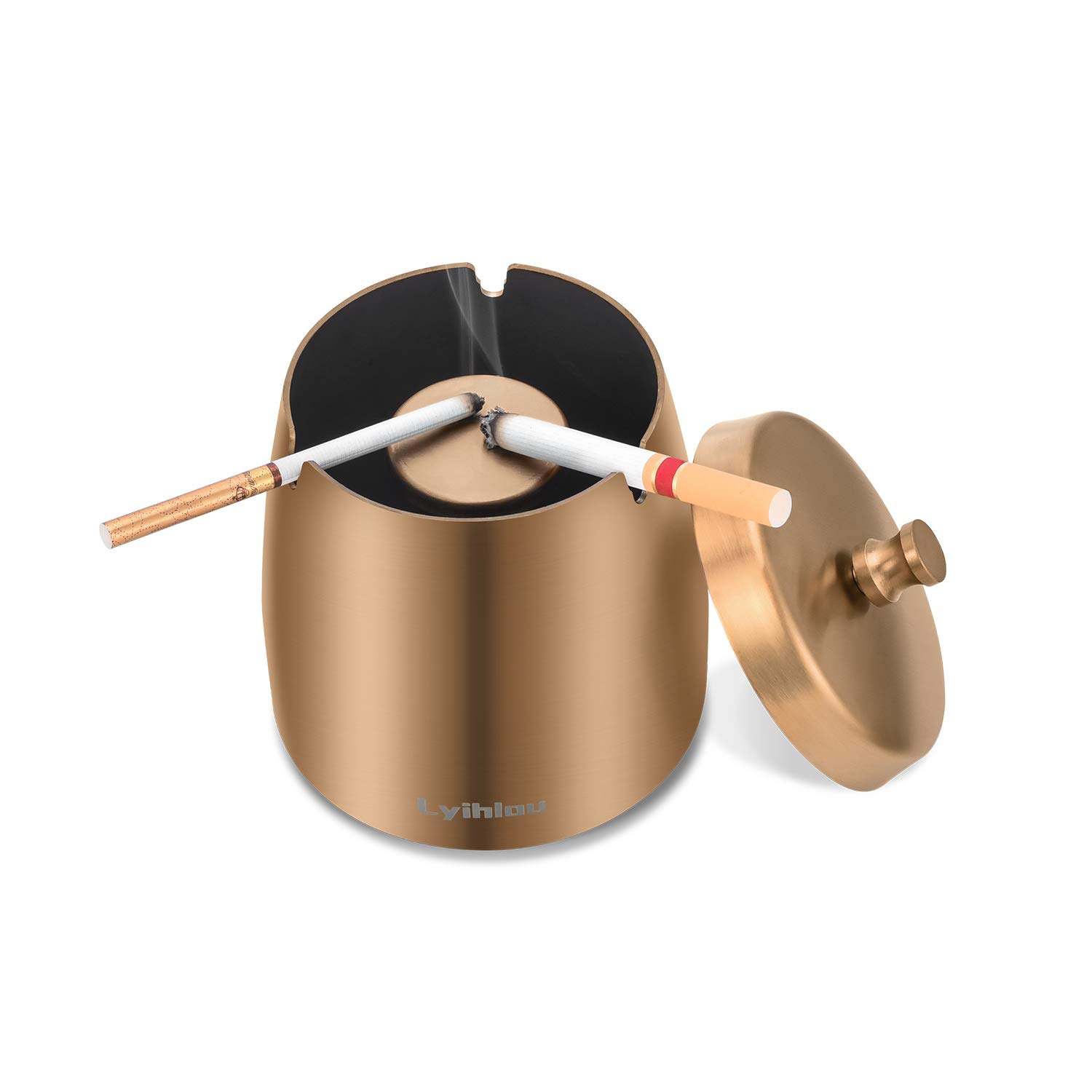 Stainless Steel Ashtray with Lid, Windproof Table Ashtray for Cigarettes, Modern Wind Ashtray Portable with Non-Slip Base for Outdoor and Indoor Use (Rose Gold, Small)