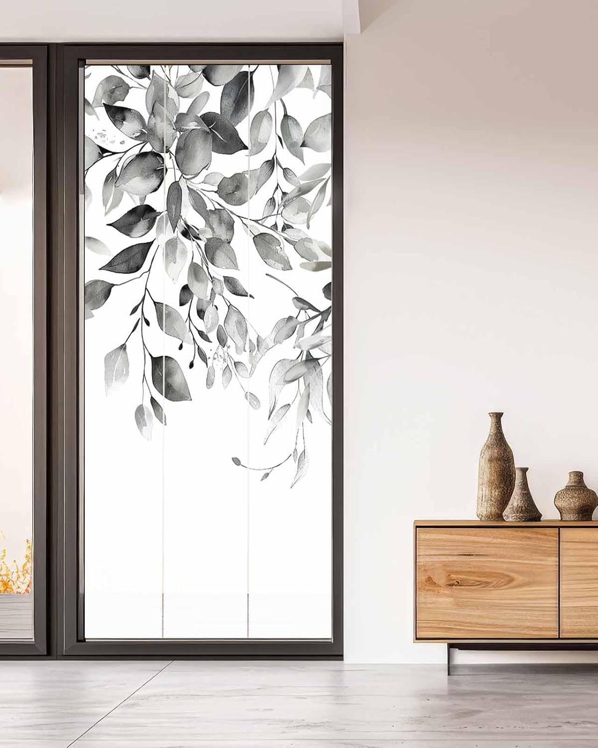 Eucalyptus Leaves Gray Window Privacy Film Stained Glass Window Film Decorative Window Cover Static Window Cling for Glass Door Farmhouse Leaf Grey White Window Stickers for Bathroom 29.5"x78.7"