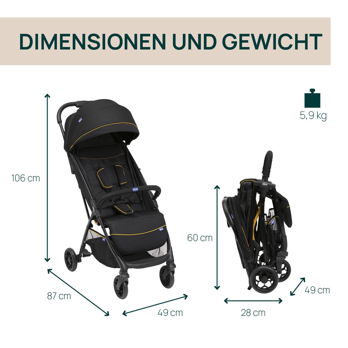 Poussette légère CHICCO Glee, pratique et légère, fermeture automatique, siège large et confortable, roues de haute qualité, dossier réglable, canopy solaire, jusqu'à 22 kg, noir