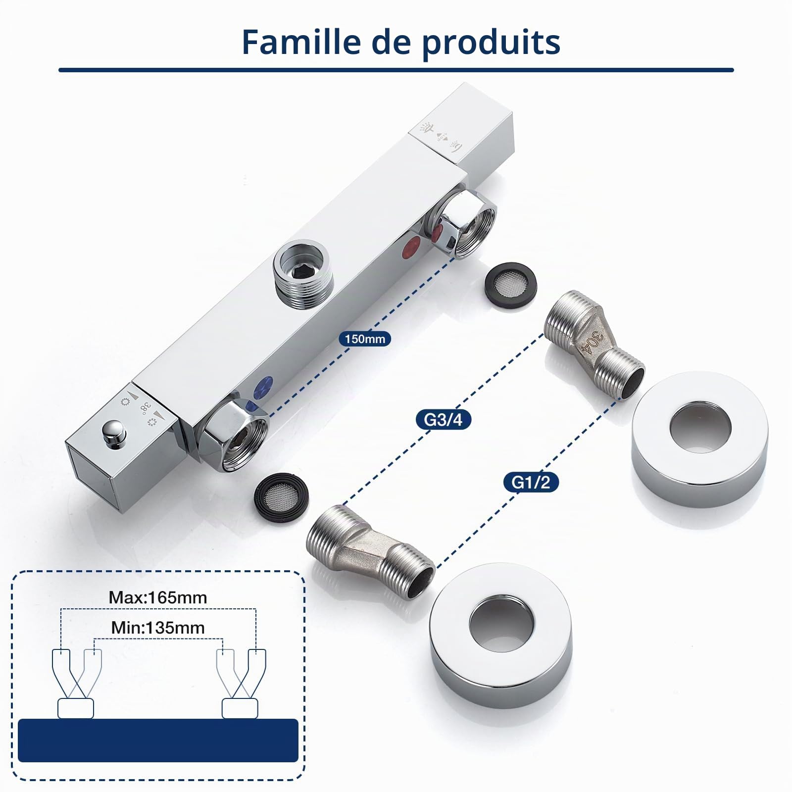 Bevanckly Robinet de douche thermostatique, en laiton 2 sorties chromées haut 3/4" BSP (26,4 mm) + bas 1/2" BSP (21 mm)