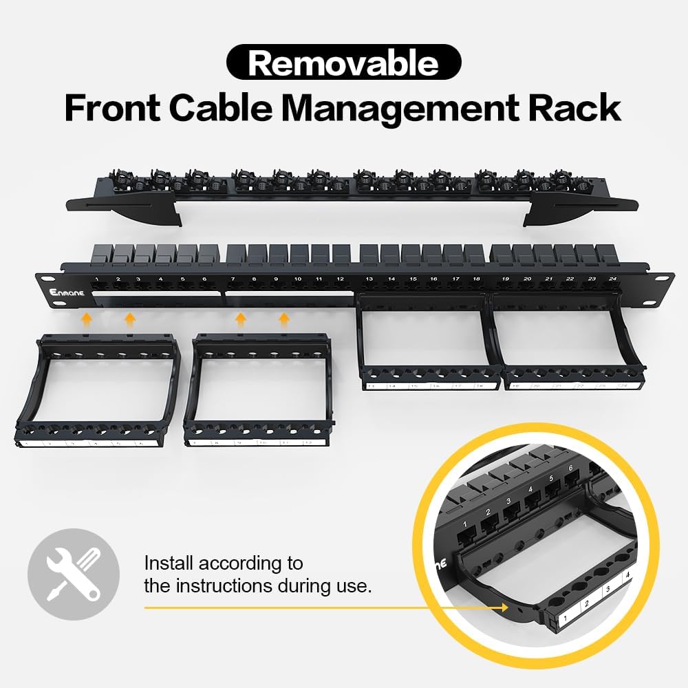 24 Port Patch Panel RJ45 Patch Panel CAT6a Keystone UTP with Smart Cable Management for 19 inch Rack Mount