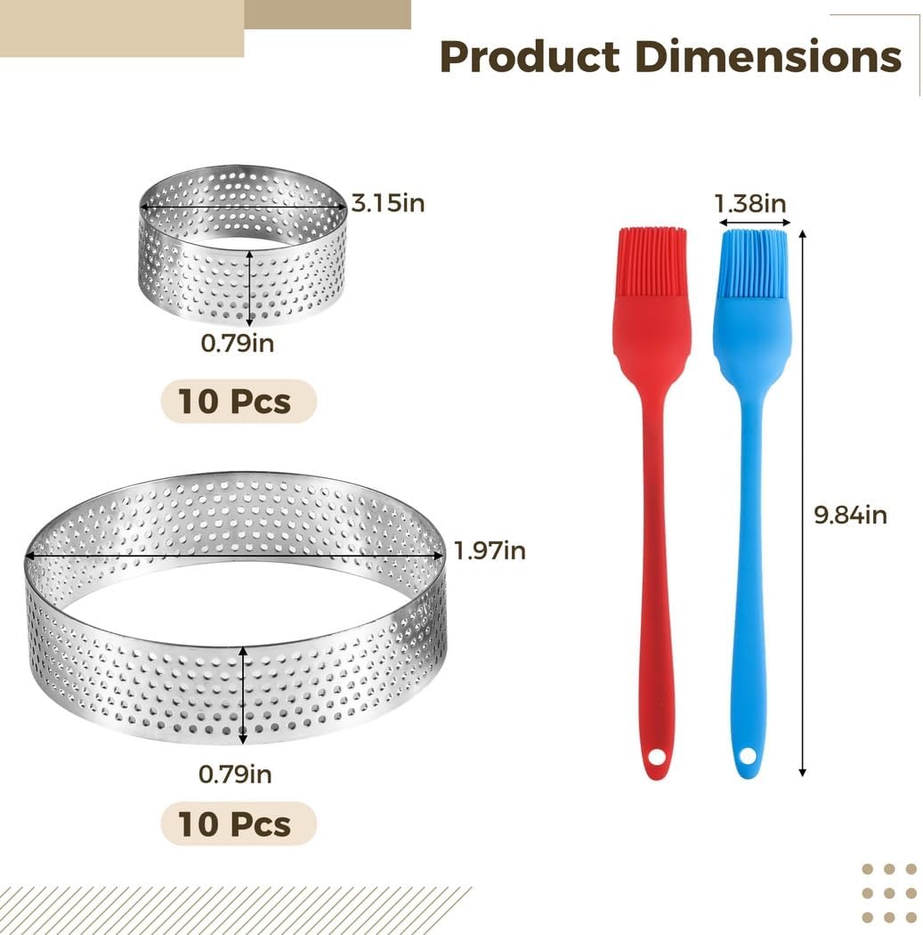 20 Pcs Stainless Steel Tart Rings, Nonstick 1.97 & 3.15 Cake Molds with 2 Silicone Brushes for Home Baking and Pastry Making