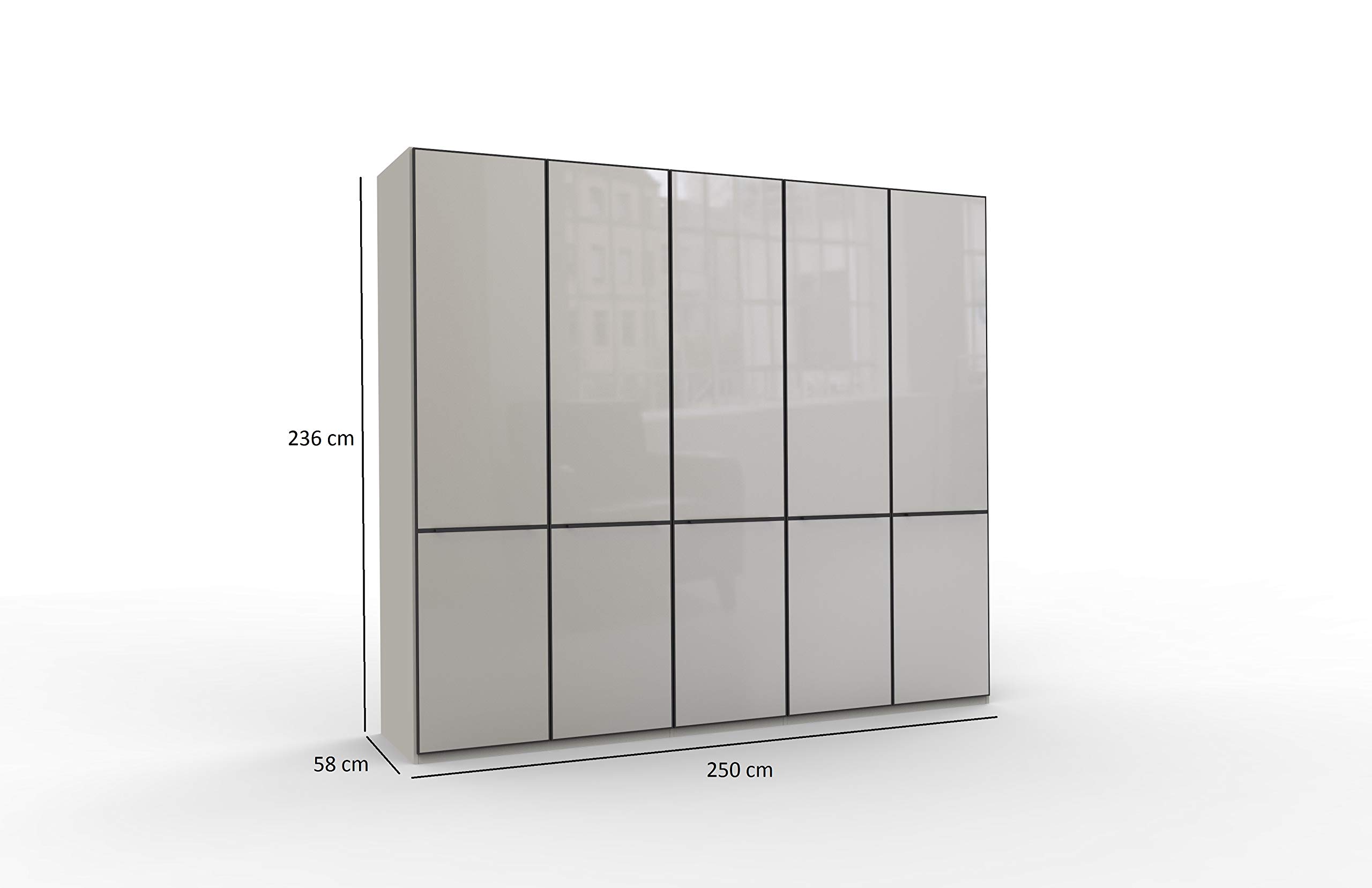 WIEMANN Montreal Kleiderschrank, Schlafzimmerschrank, Drehtürenschrank, Breite 250 cm, 5 türig, grau, Glas Kieselgrau, Griffe schwarz, Holz, B/H/T 250x236x58 cm Küche, Haushalt & Wohnen